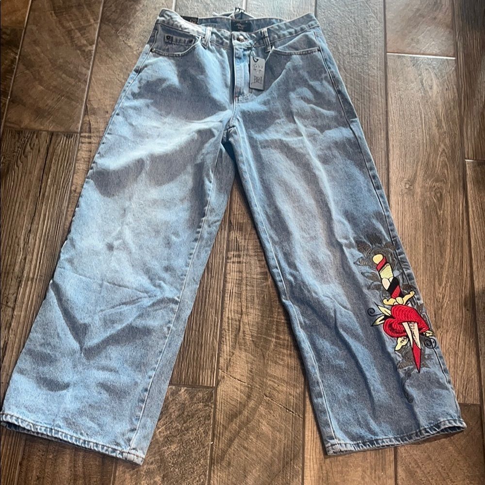 Nwt Ed Hardy Blue Wide Leg Jeans with Red and Yellow Design